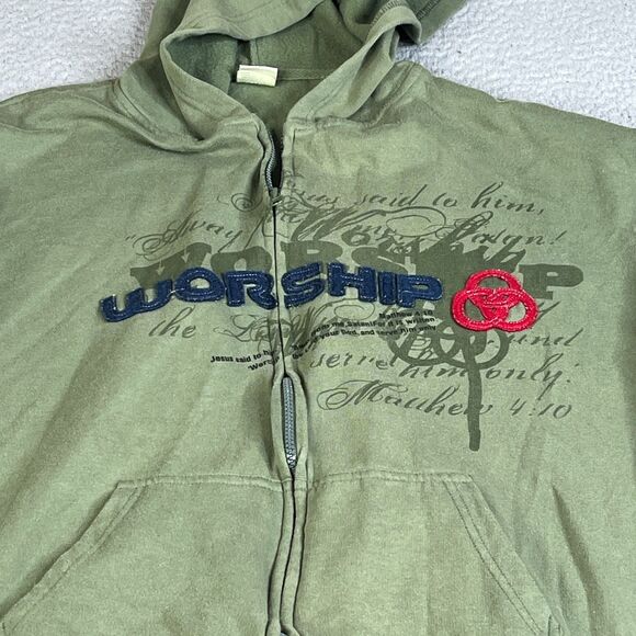 Worship Sweatshirt Jesus Mens XL Green Full Zip Sweater Mathew 4:10 Double Sided - Picture 3 of 12